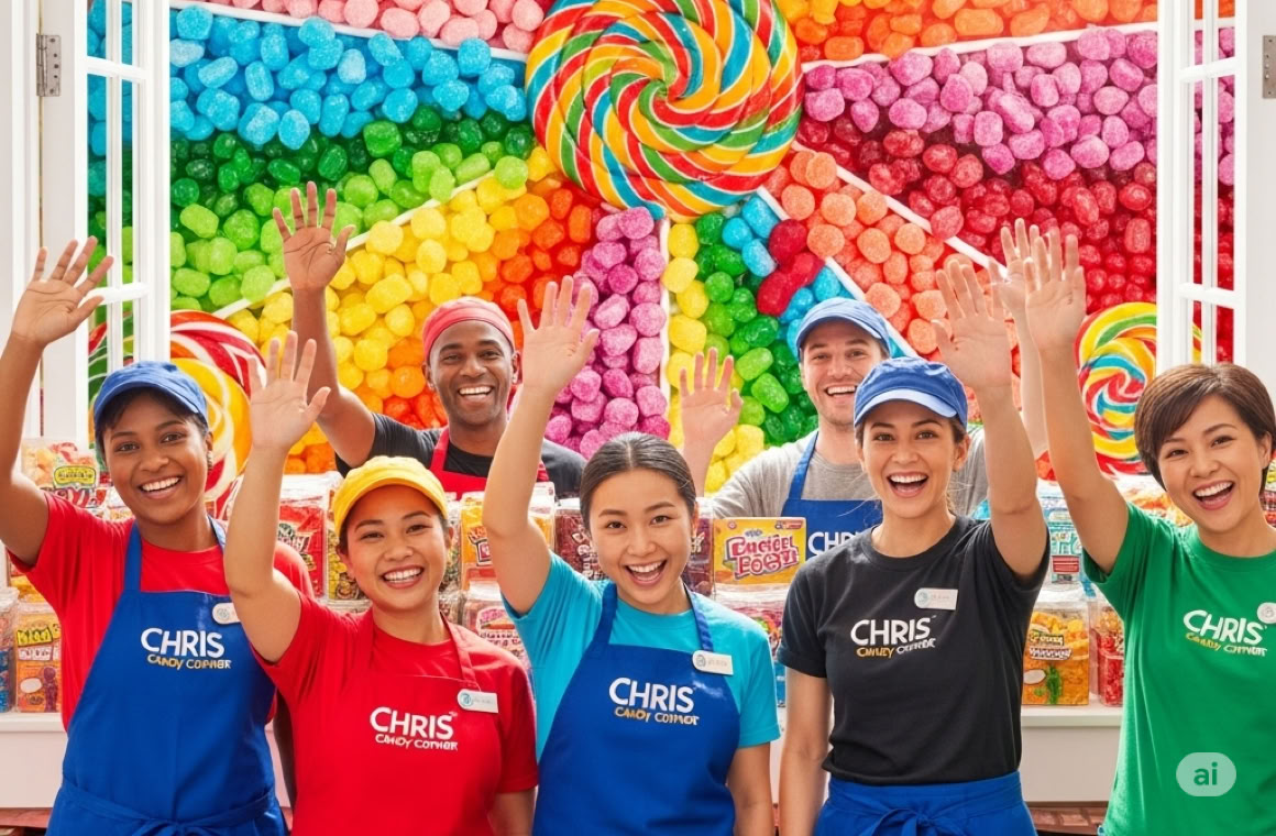 Het enthousiaste, lachende team van Chris Candy Corner zwaait naar de camera. De zes medewerkers staan voor een spectaculaire wand van regenboogkleurig snoep en lolly's, wat hun passie voor zoetigheid toont.
