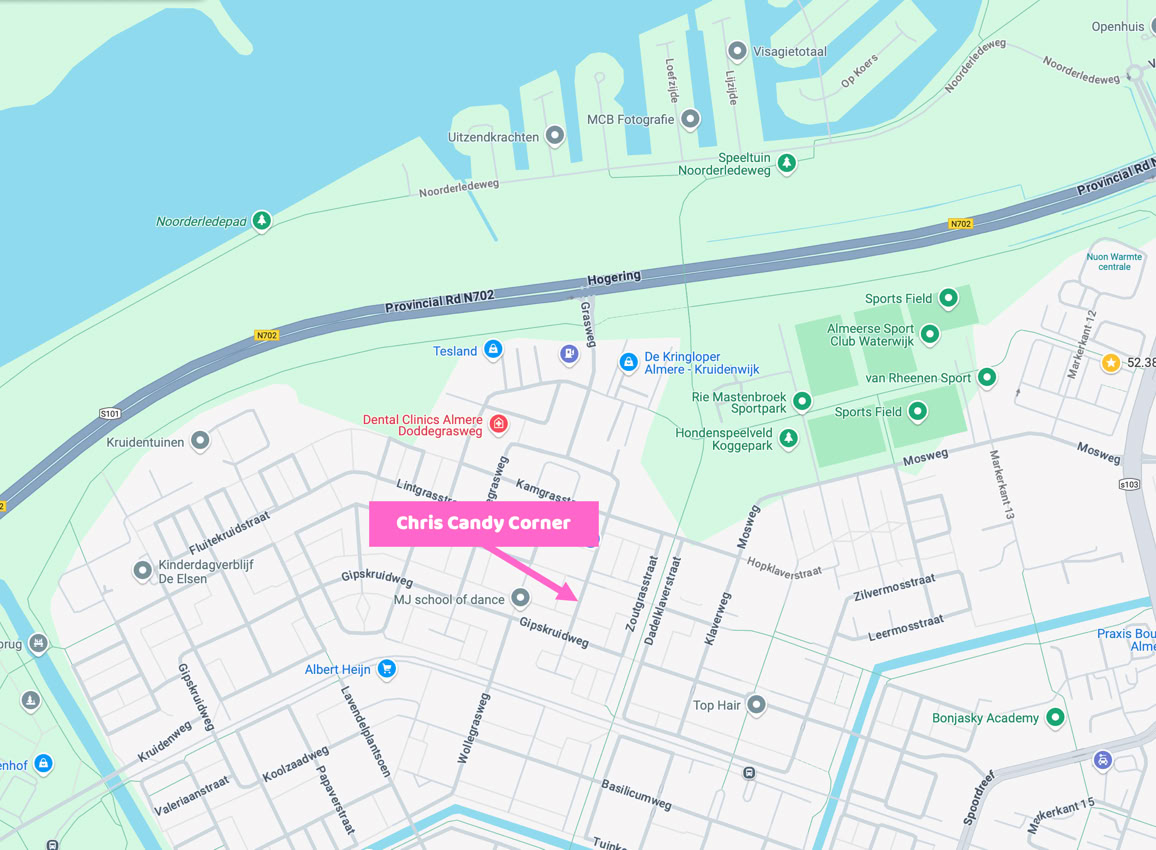Kaart met de exacte locatie van Chris Candy Corner in Almere, duidelijk gemarkeerd aan Randstad 22.