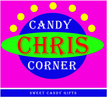 Het officiële logo van Chris Candy Corner in felle kleuren (roze, blauw en neon-groen) met de tekst "CANDY CHRIS CORNER" en de slogan "SWEET CANDY GIFTS"