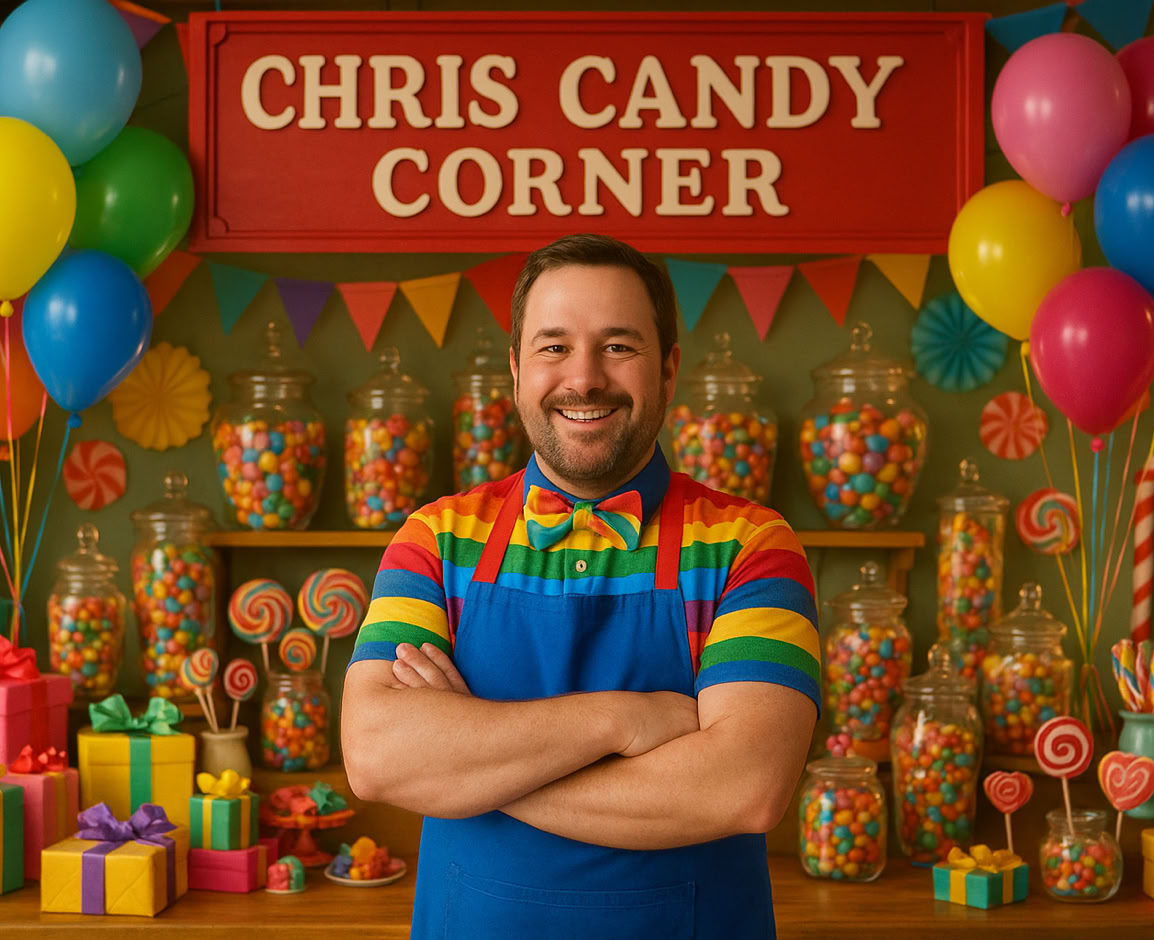 Portret van een lachende man (Chris) met een regenboogshirt en blauwe strik en schort, staand voor een vrolijke achtergrond van geschenkdozen, ballonnen en snoepgoed in grote potten bij Chris Candy Corner.